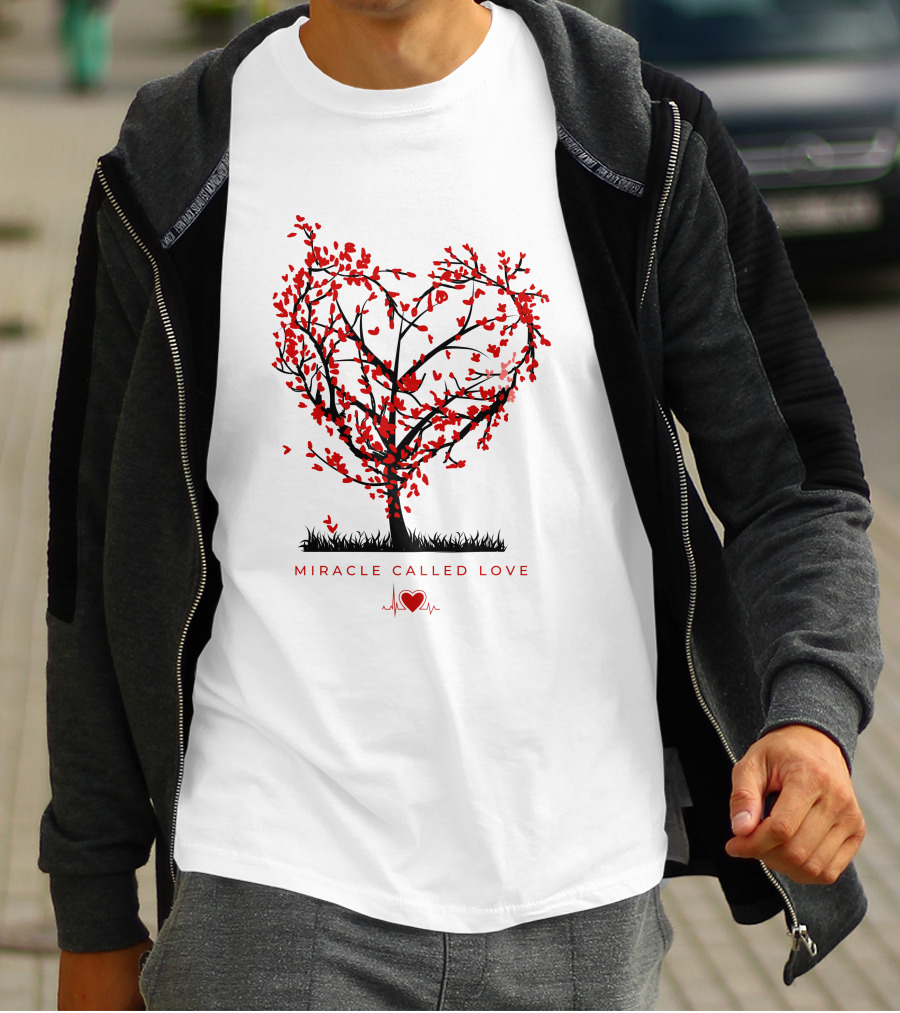Miracle Called Love Heart-Shaped Tree With Red Leaves And Heartbeat T-Shirt