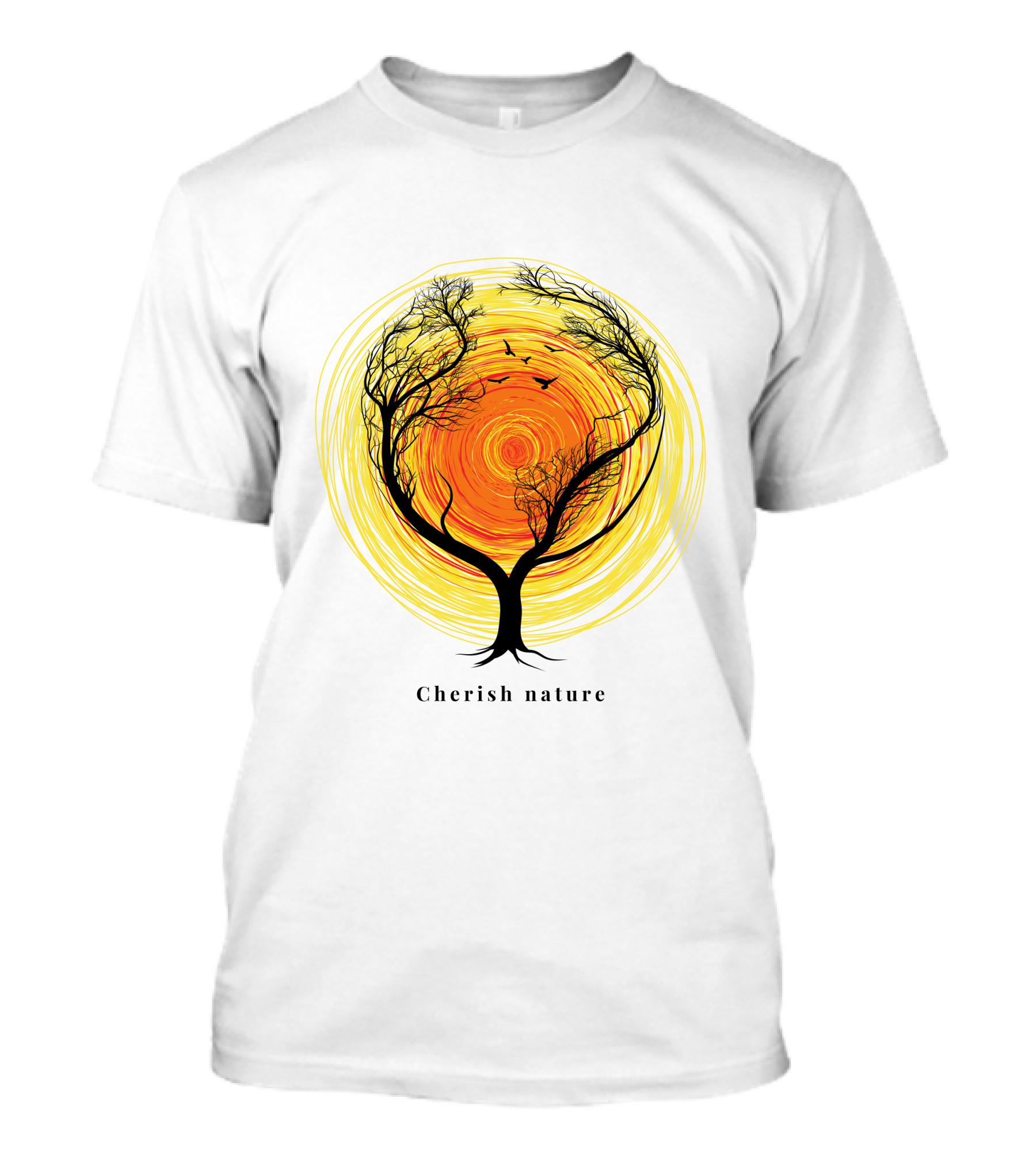 Cherish Nature Tree Silhouette With Birds And Vibrant Spiral Sun T-Shirt