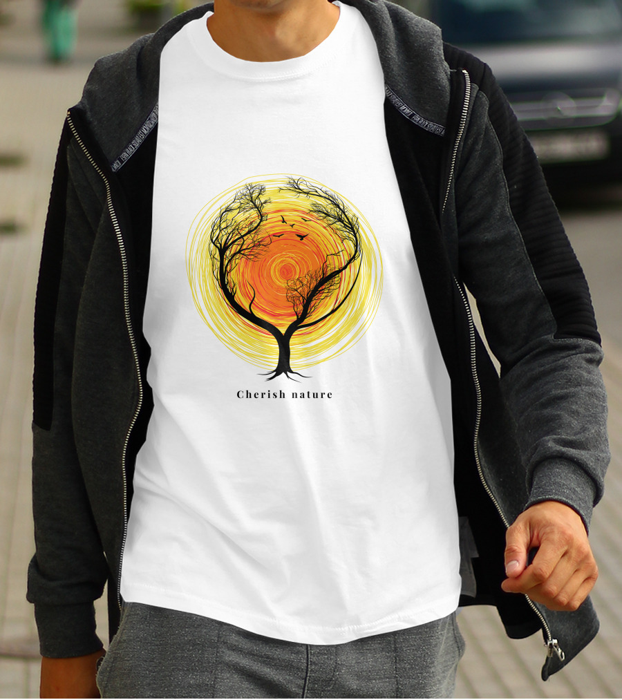 Cherish Nature Tree Silhouette With Birds And Vibrant Spiral Sun T-Shirt