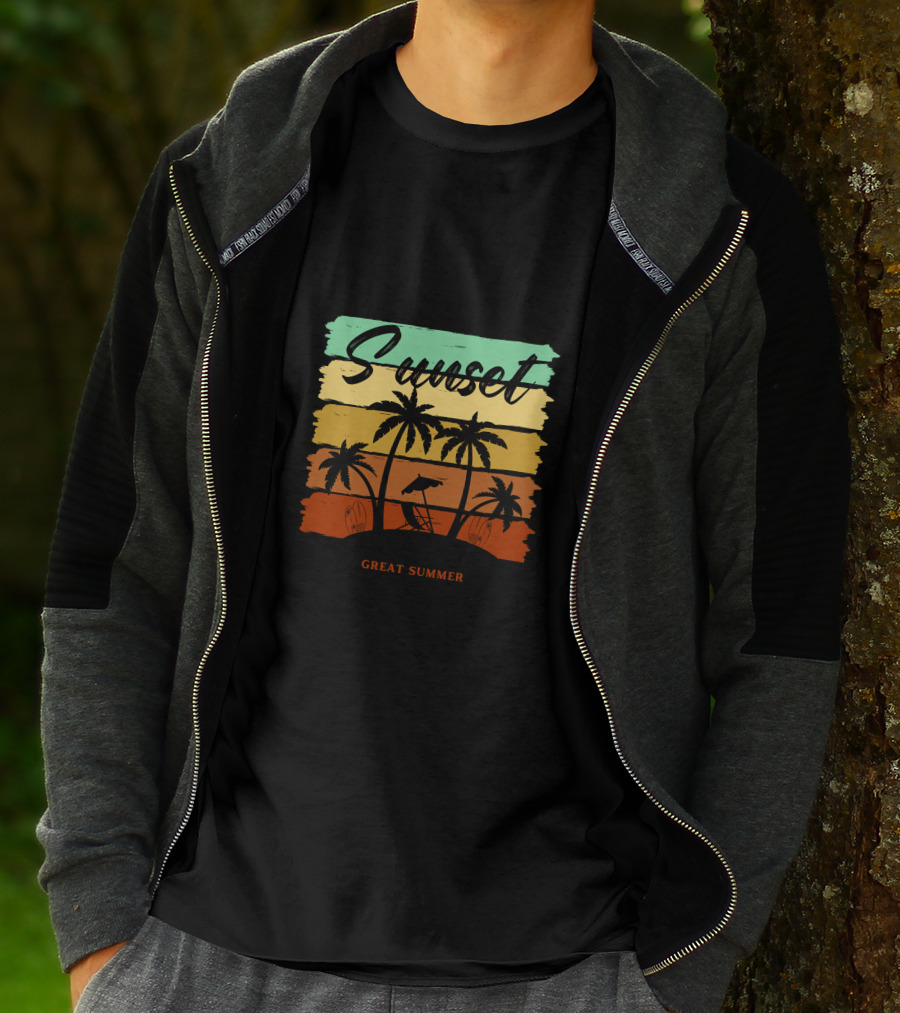 Sunset Great Summer Palm Trees Beach Scene T-Shirt