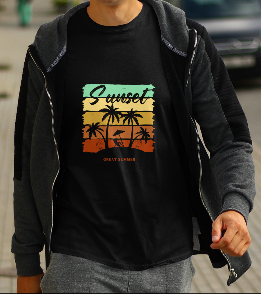 Sunset Great Summer Palm Trees Beach Scene T-Shirt