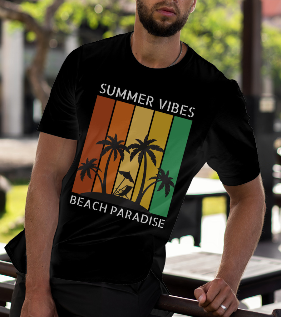 SUMMER VIBES BEACH PARADISE Palm Trees And Lounge Chair On Sunset Stripes T-Shirt