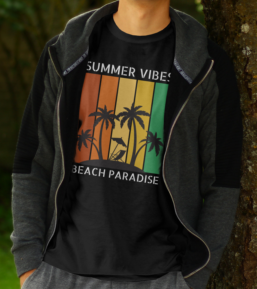 SUMMER VIBES BEACH PARADISE Palm Trees And Lounge Chair On Sunset Stripes T-Shirt
