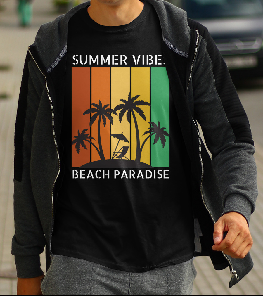 SUMMER VIBES BEACH PARADISE Palm Trees And Lounge Chair On Sunset Stripes T-Shirt
