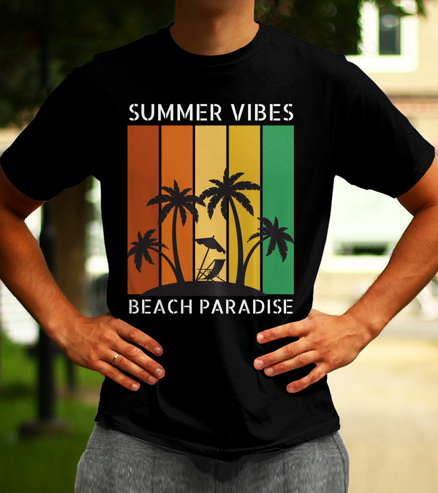 SUMMER VIBES BEACH PARADISE Palm Trees And Lounge Chair On Sunset Stripes T-Shirt
