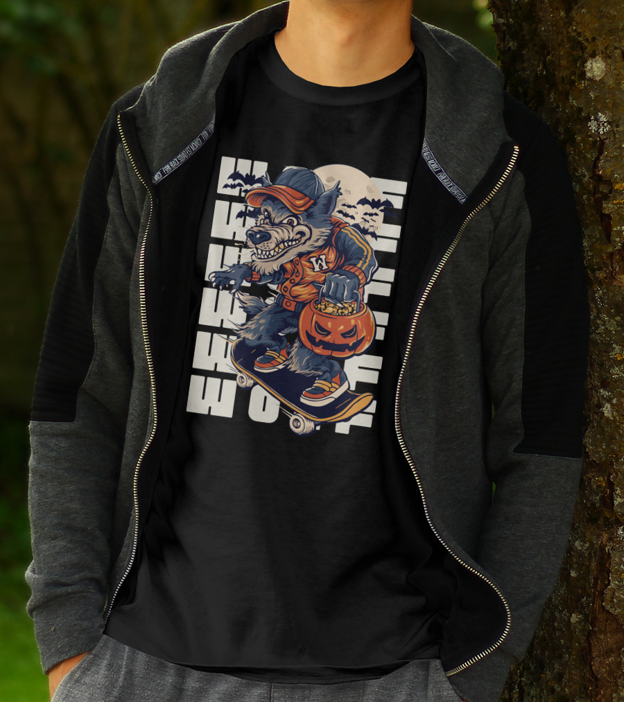 Wolf Trick-or-Treat Skateboarder With Pumpkin And Moon T-Shirt