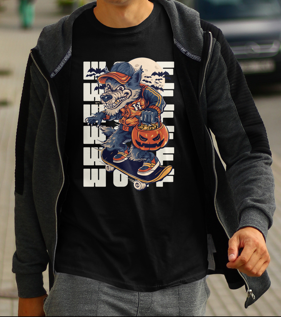 Wolf Trick-or-Treat Skateboarder With Pumpkin And Moon T-Shirt