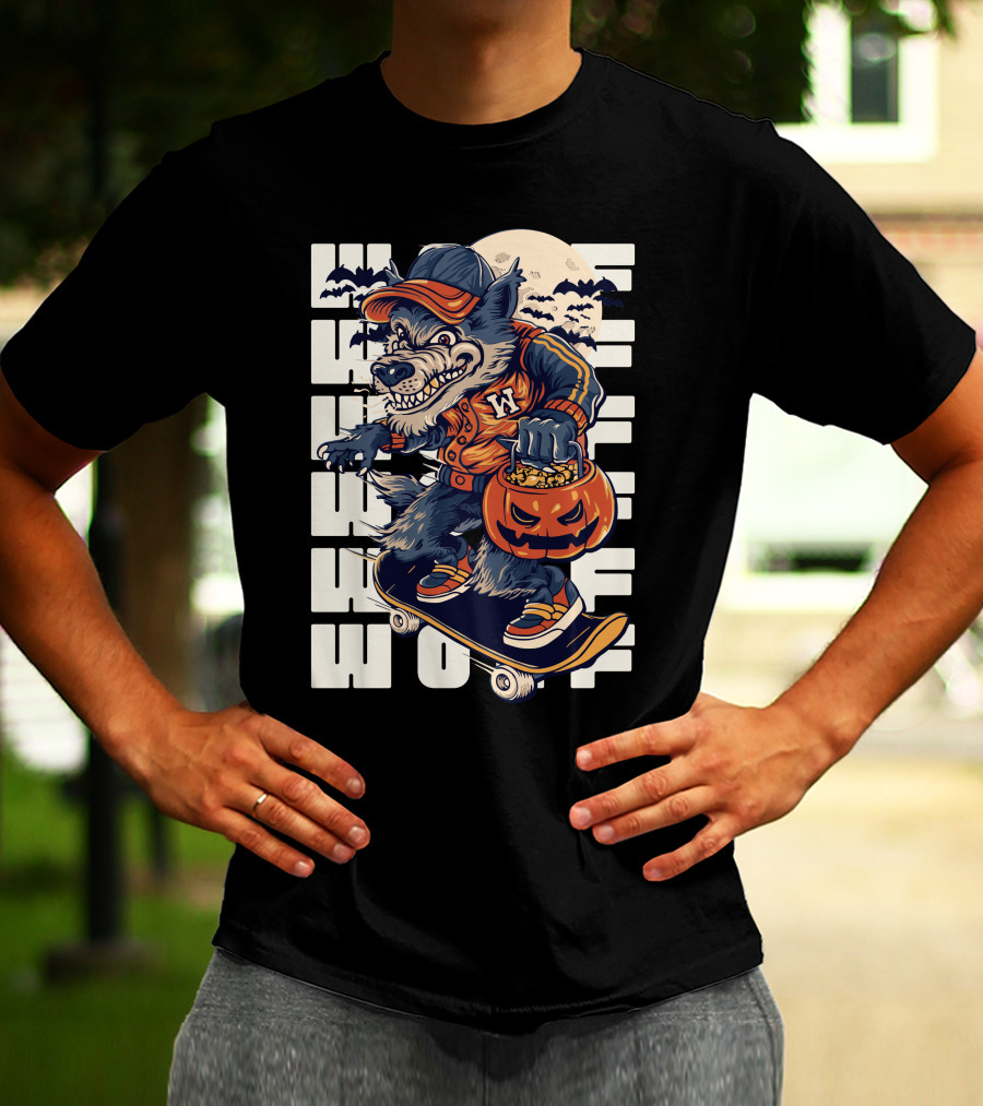Wolf Trick-or-Treat Skateboarder With Pumpkin And Moon T-Shirt