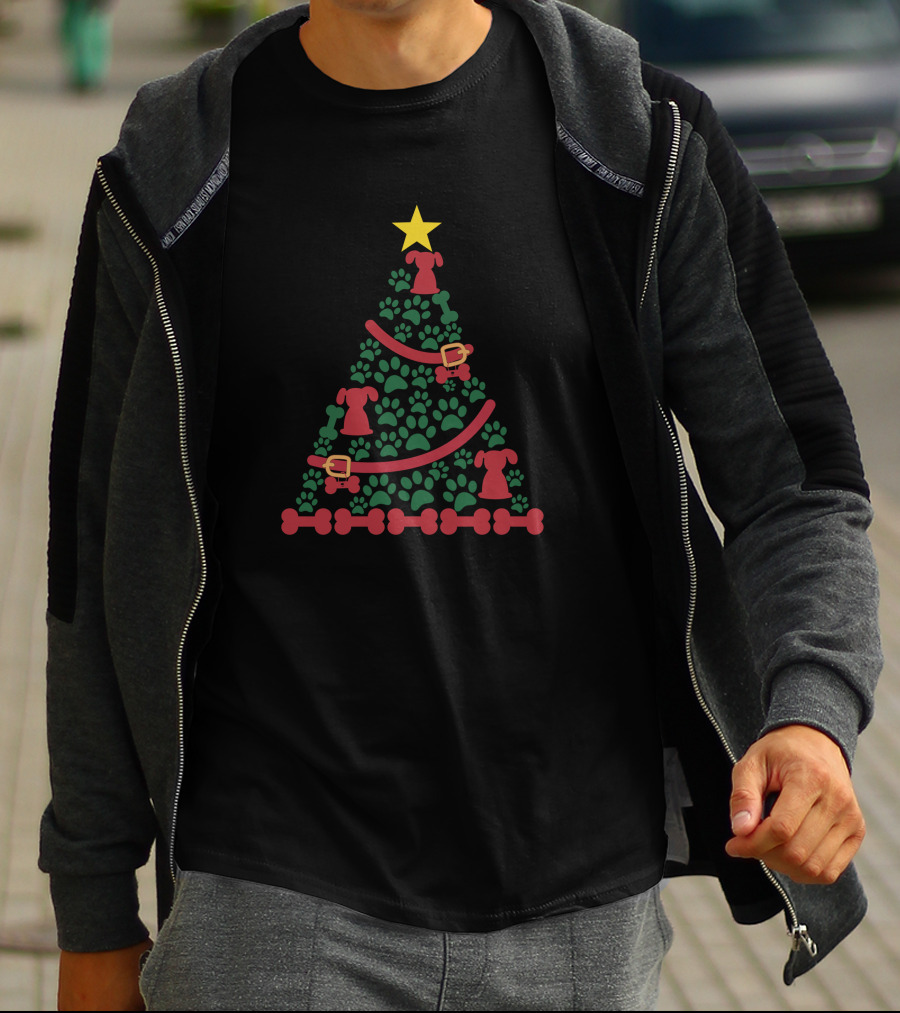 Christmas Tree Made Of Dog Paws With Star And Santa Elements T-Shirt