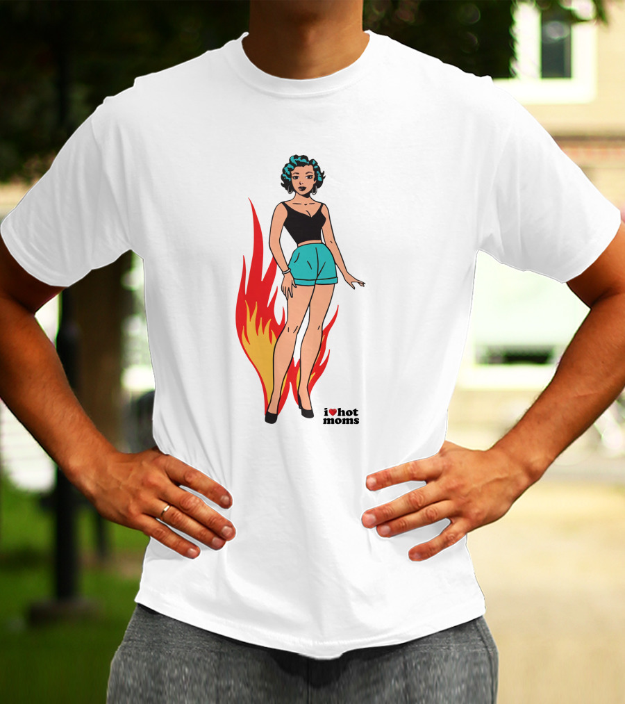 I Heart Hot Moms Vintage Comic Style Flame Background T-Shirt
