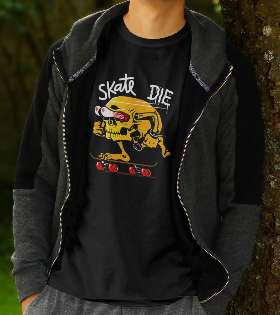 Skate Or Die Thrill-Seeking Skull On Skateboard T-Shirt