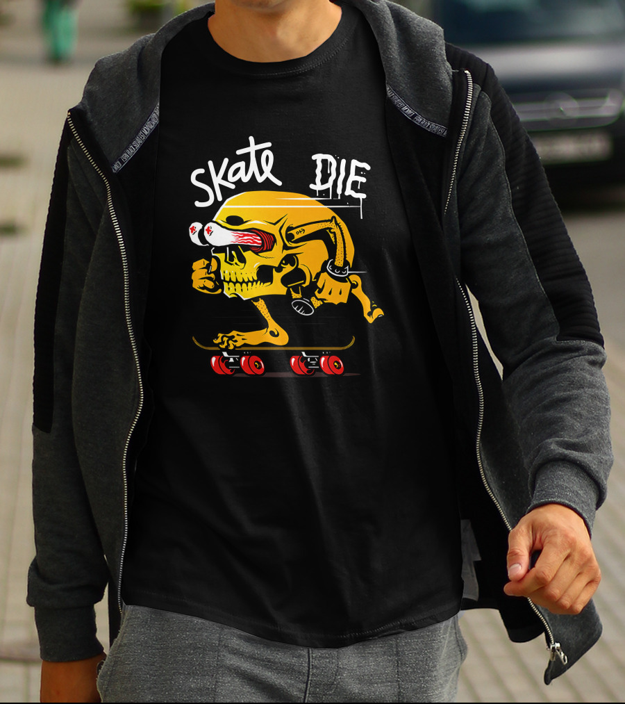 Skate Or Die Thrill-Seeking Skull On Skateboard T-Shirt