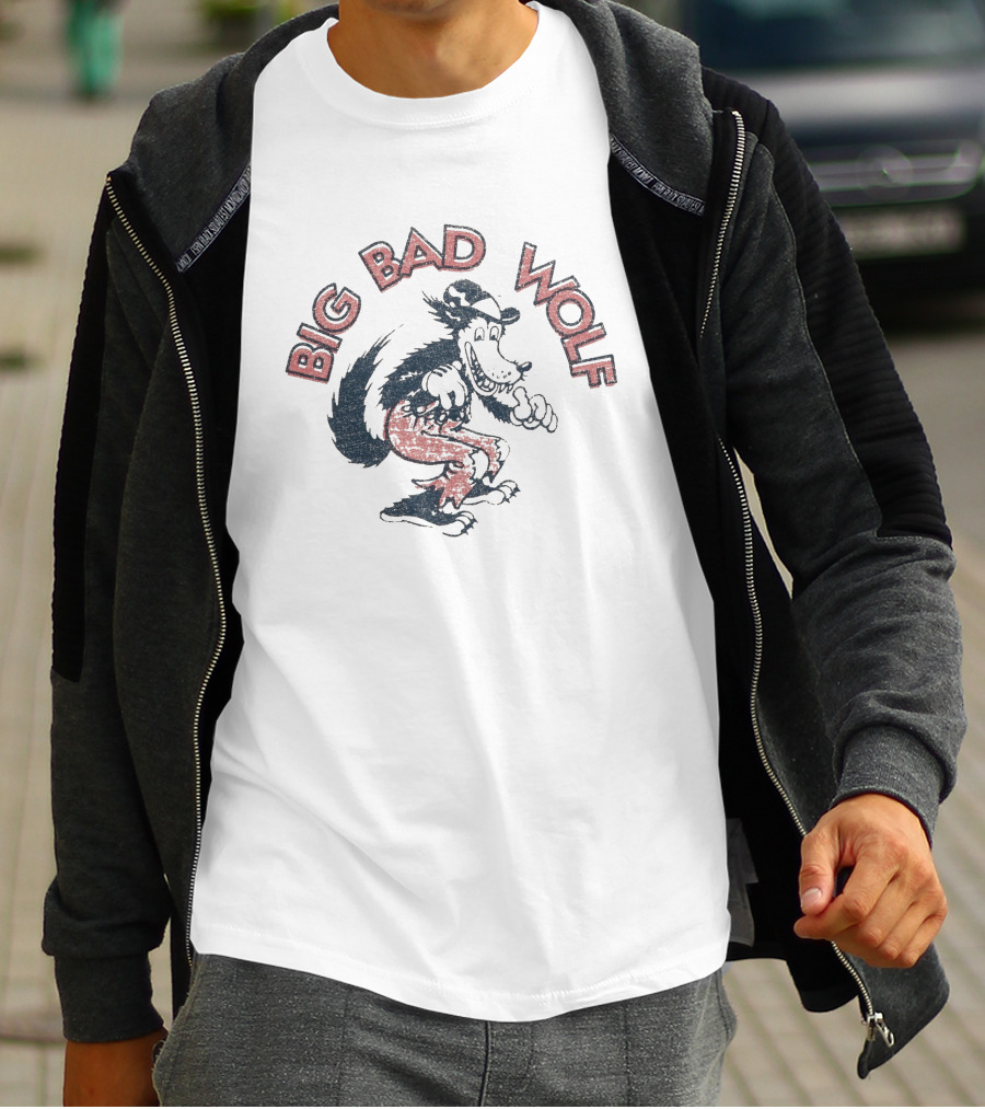 Big Bad Wolf Cartoon Character Walking In Red Pants And Hat T-Shirt
