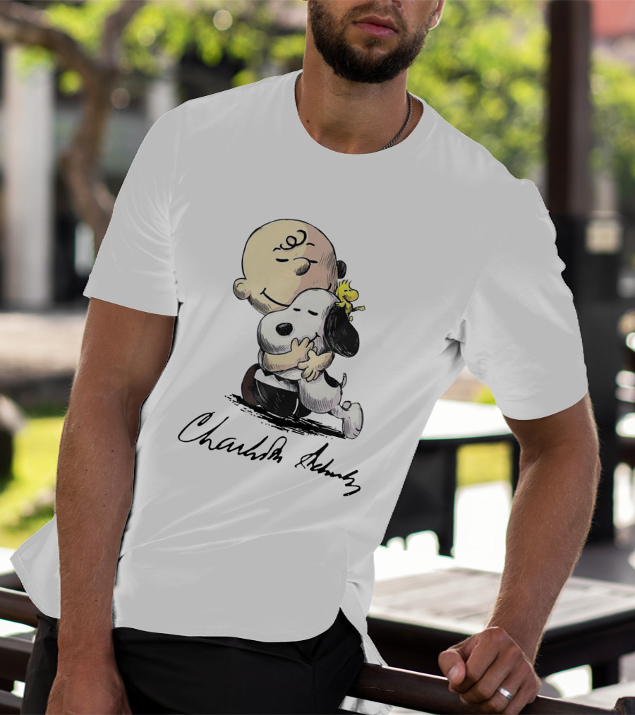 Peanuts Charlie Brown Snoopy Woodstock Hug By Charles Schulz T-Shirt