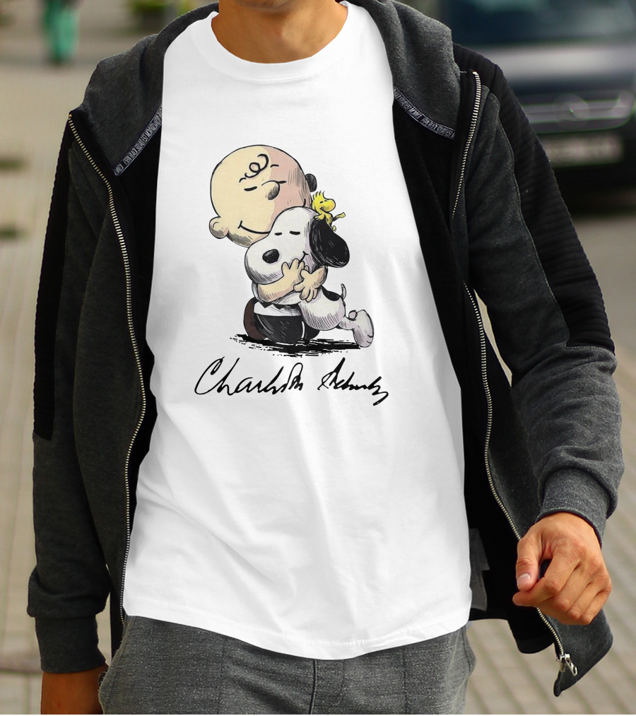 Peanuts Charlie Brown Snoopy Woodstock Hug By Charles Schulz T-Shirt