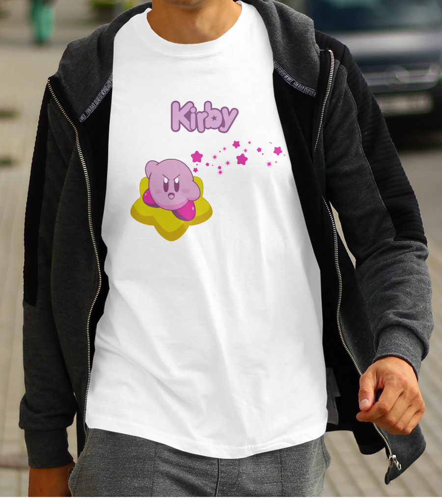 Kirby On Star With Pink Sparkling Stars Trail T-Shirt