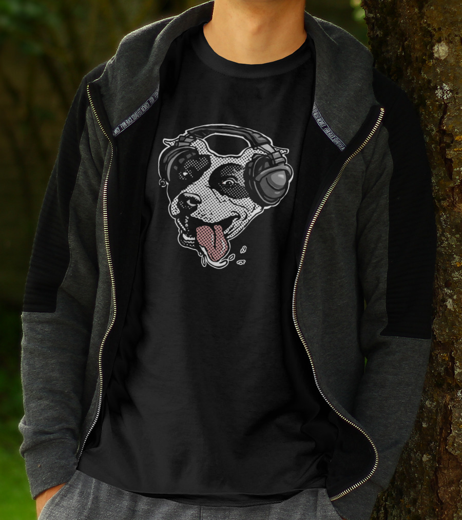 Cute Pit Bull Dog Wearing Music Headphones With Playful Expression T-Shirt
