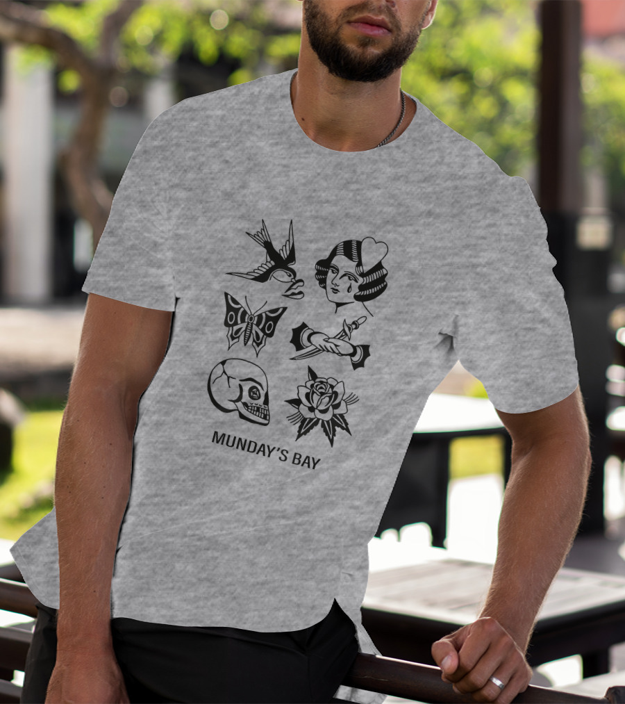 Munday's Bay Traditional Tattoo Style Icons Butterfly Skull Rose Swallow Woman Dagger T-Shirt