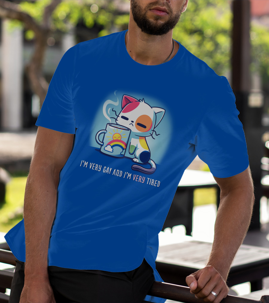 I'm Very Gay And I'm Very Tired Cat With Coffee And Rainbow Sun Cup T-Shirt
