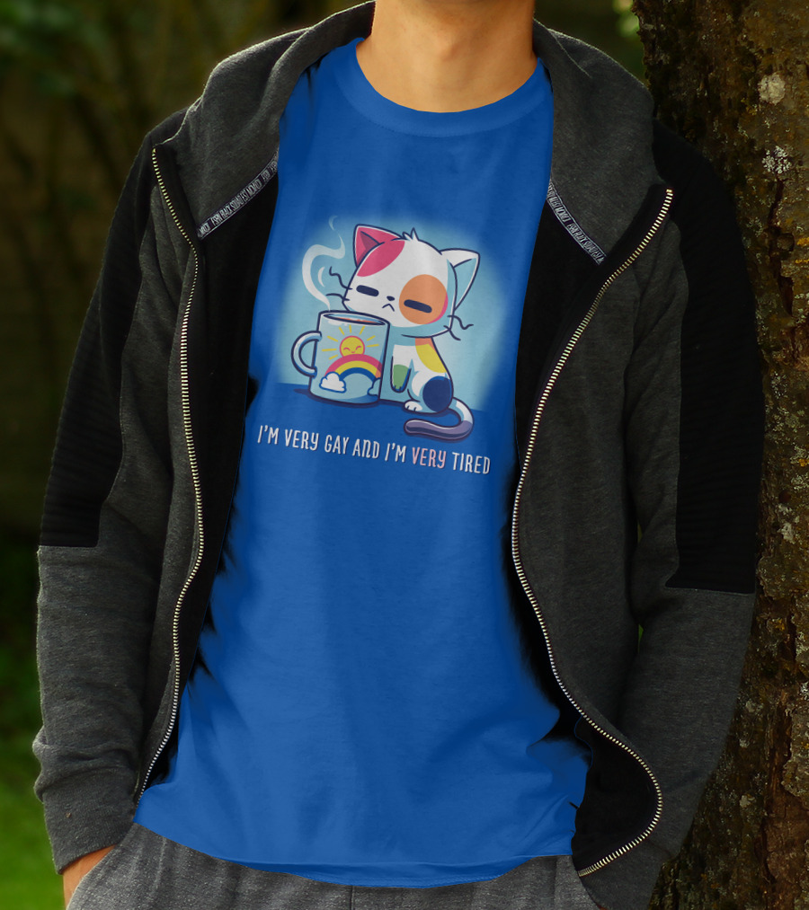 I'm Very Gay And I'm Very Tired Cat With Coffee And Rainbow Sun Cup T-Shirt