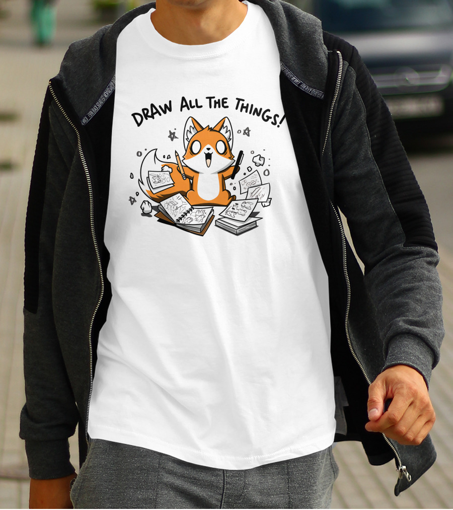 Fox With Sketchbooks And Pens Enthusiastically Draw All The Things T-Shirt