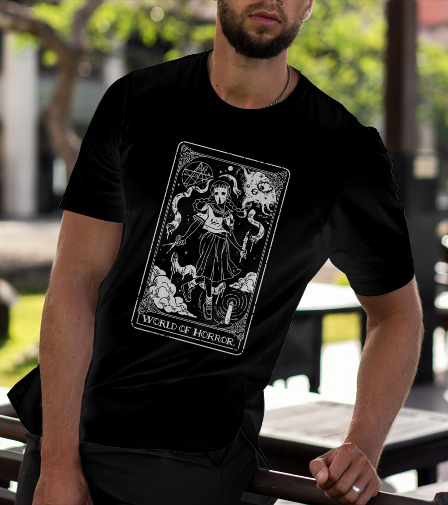 World Of Horror Ominous Tarot Card Art With Skeleton Ghosts And Moon T-Shirt