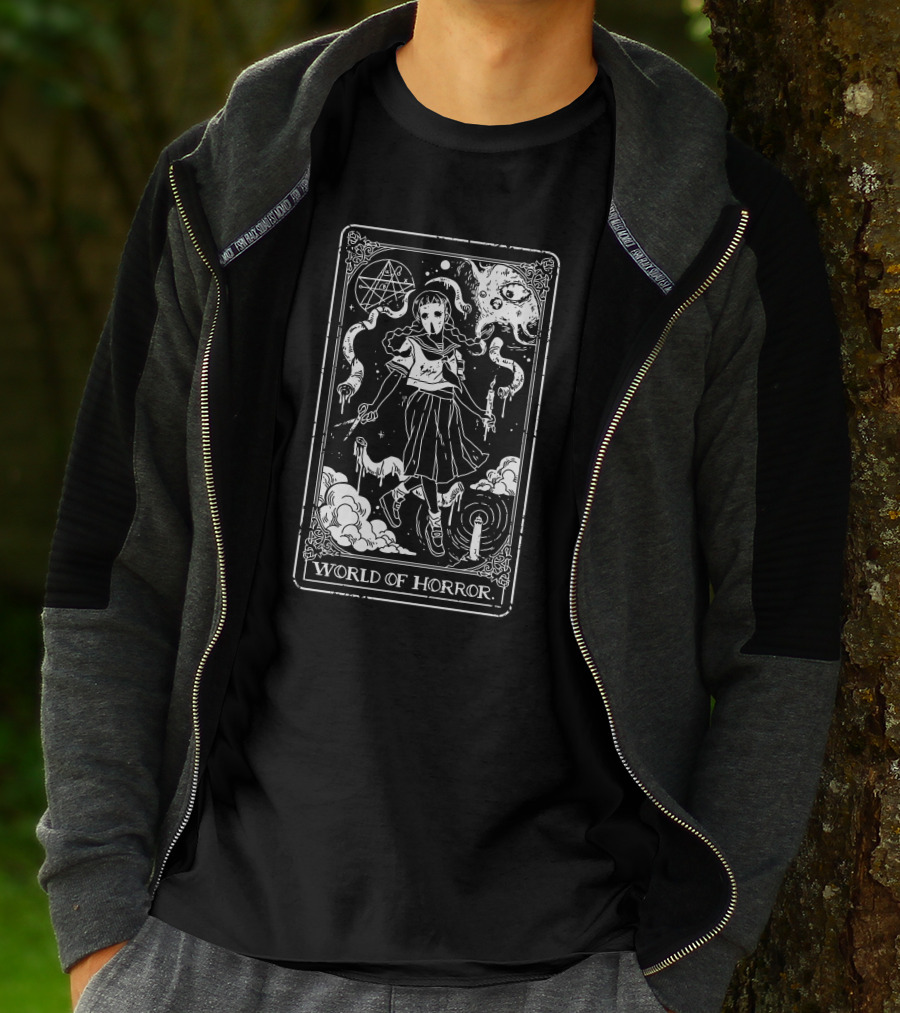 World Of Horror Ominous Tarot Card Art With Skeleton Ghosts And Moon T-Shirt