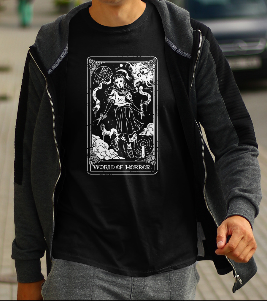 World Of Horror Ominous Tarot Card Art With Skeleton Ghosts And Moon T-Shirt
