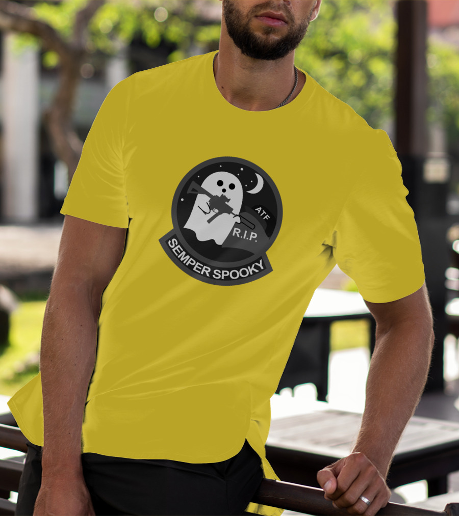 Semper Spooky Ghost With ATF Rifle And RIP Moon Badge T-Shirt