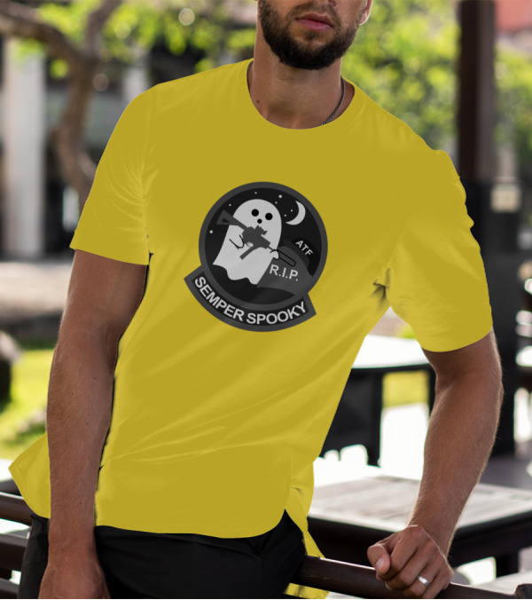 Semper Spooky Ghost With ATF Rifle And RIP Moon Badge T-Shirt