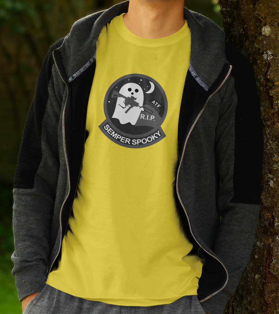 Semper Spooky Ghost With ATF Rifle And RIP Moon Badge T-Shirt