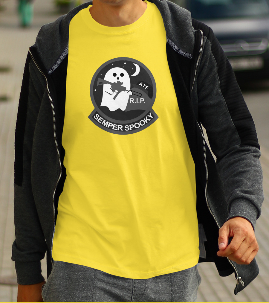 Semper Spooky Ghost With ATF Rifle And RIP Moon Badge T-Shirt