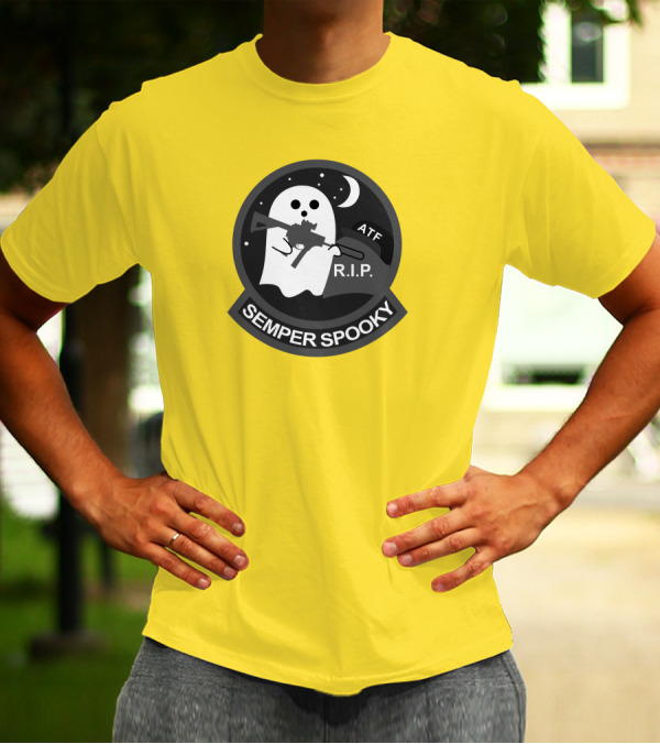 Semper Spooky Ghost With ATF Rifle And RIP Moon Badge T-Shirt