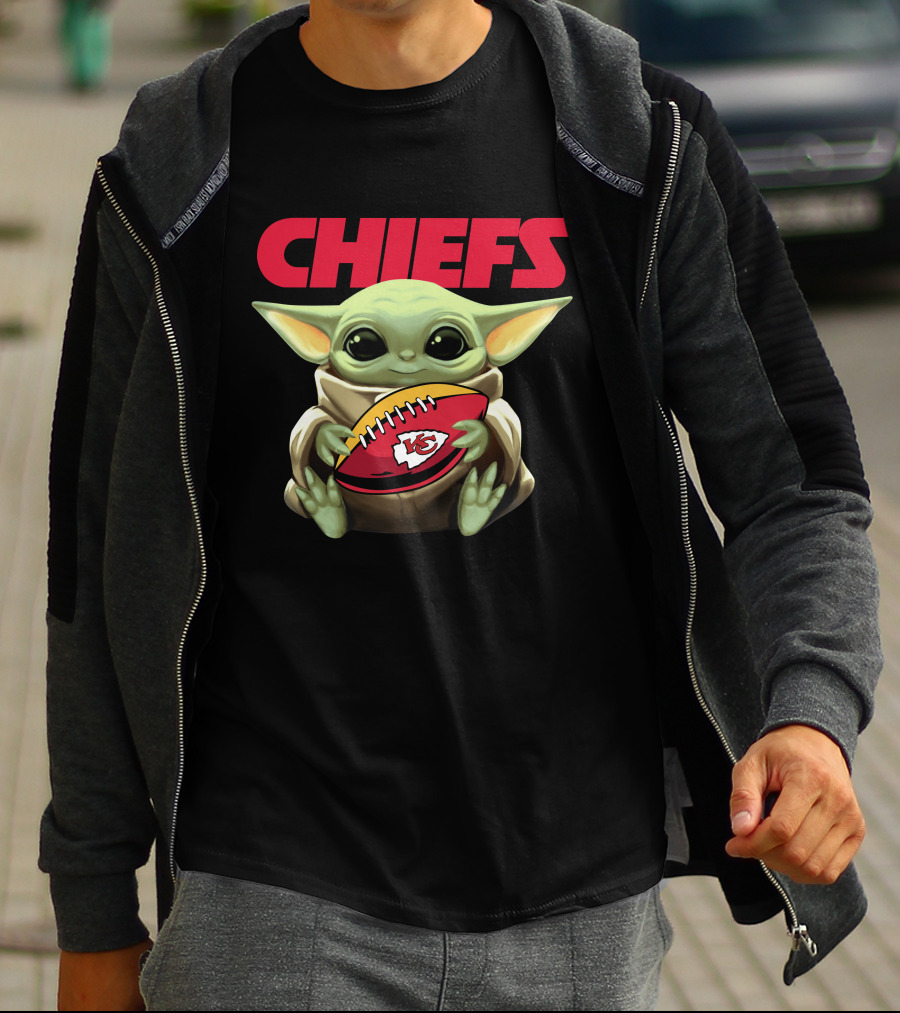 CHIEFS Baby Yoda Holding KC Chiefs Football T-Shirt