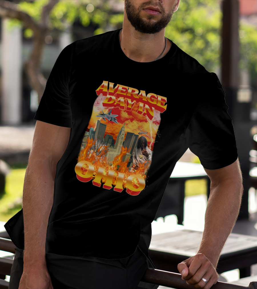 Average Day In Ohio Flaming Cityscape Fighter Jets Chaos T-Shirt