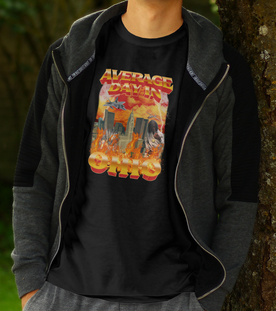Average Day In Ohio Flaming Cityscape Fighter Jets Chaos T-Shirt