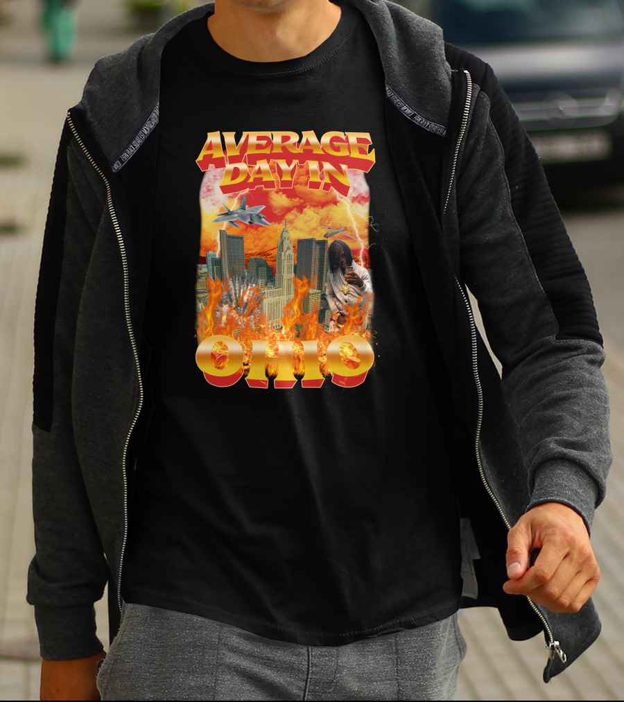 Average Day In Ohio Flaming Cityscape Fighter Jets Chaos T-Shirt