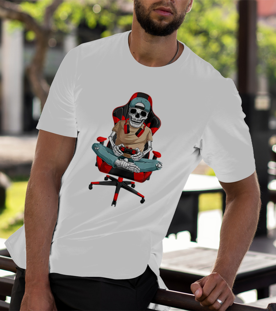Skeleton Gamer In Cool Chair With Headphones And Controller T-Shirt