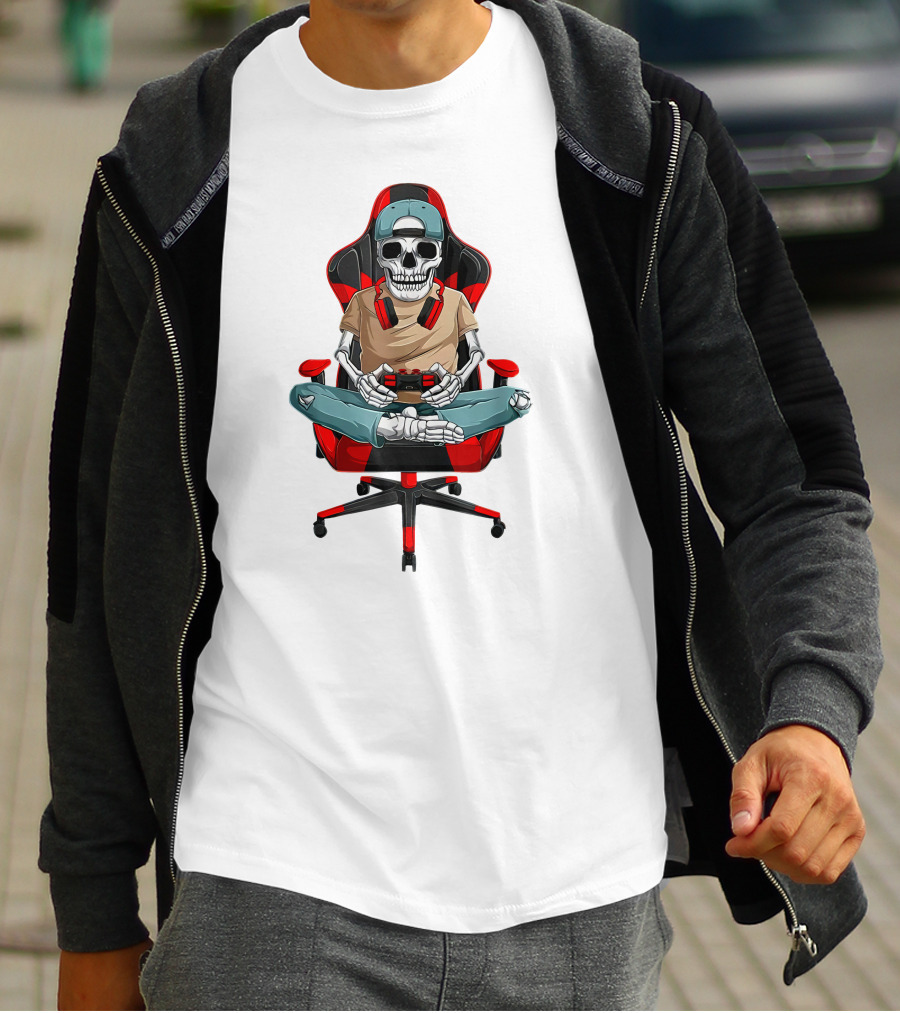 Skeleton Gamer In Cool Chair With Headphones And Controller T-Shirt