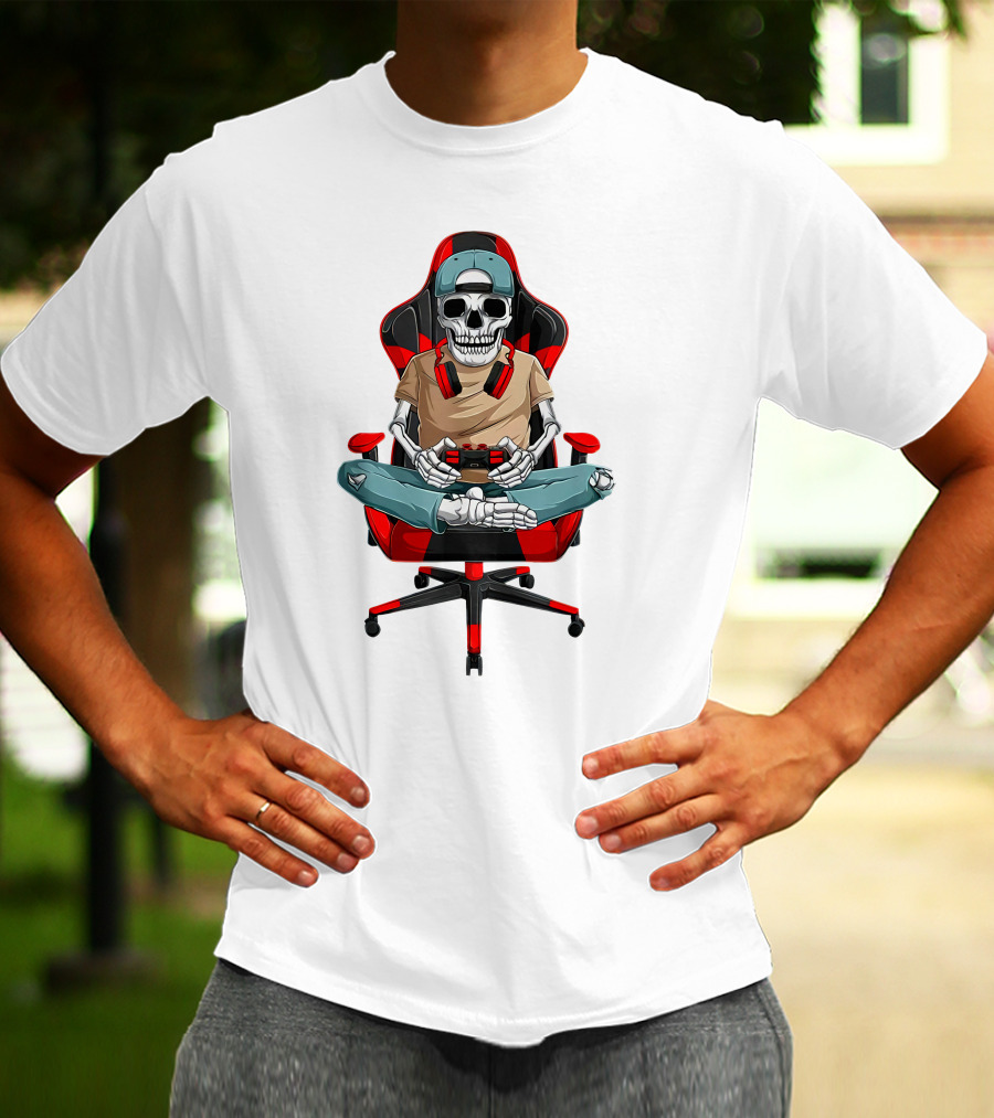 Skeleton Gamer In Cool Chair With Headphones And Controller T-Shirt