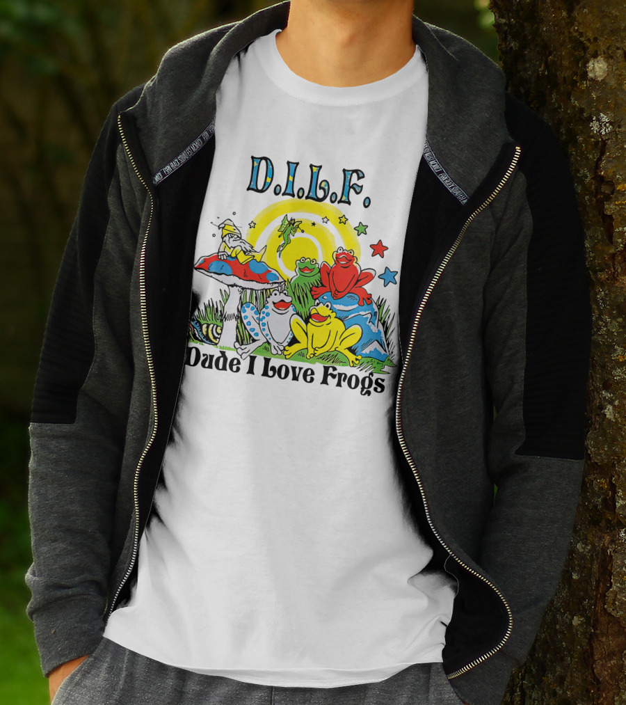 D.I.L.F. Dude I Love Frogs Colorful Frog Scene With Stars And Mushrooms T-Shirt