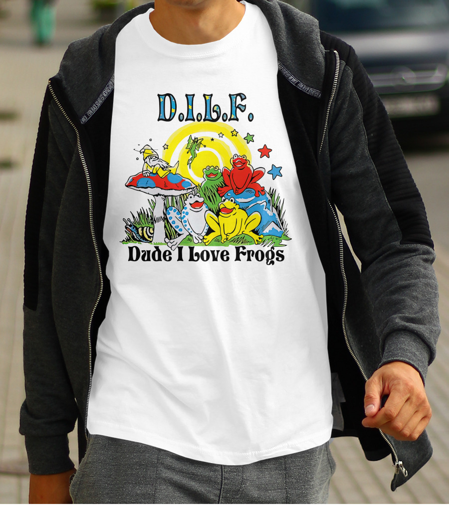 D.I.L.F. Dude I Love Frogs Colorful Frog Scene With Stars And Mushrooms T-Shirt