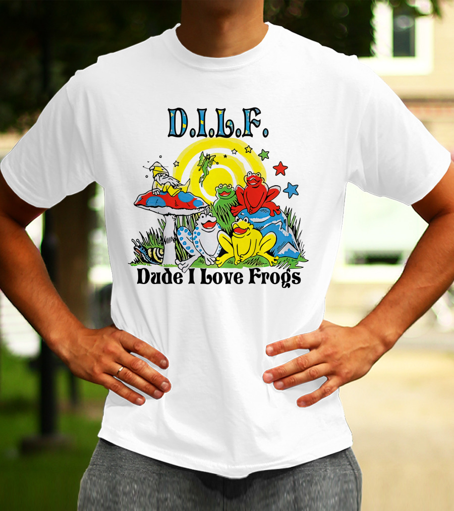 D.I.L.F. Dude I Love Frogs Colorful Frog Scene With Stars And Mushrooms T-Shirt
