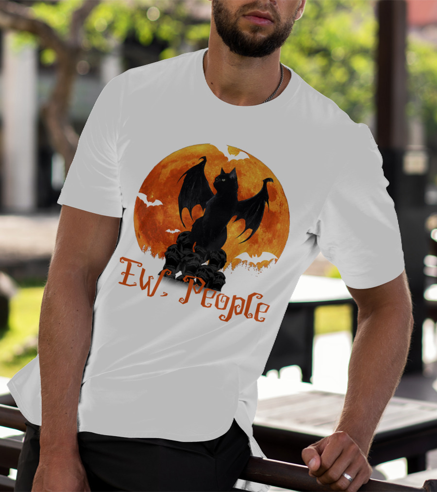 Ew People Black Cat With Bat Wings Halloween Orange Moon T-Shirt