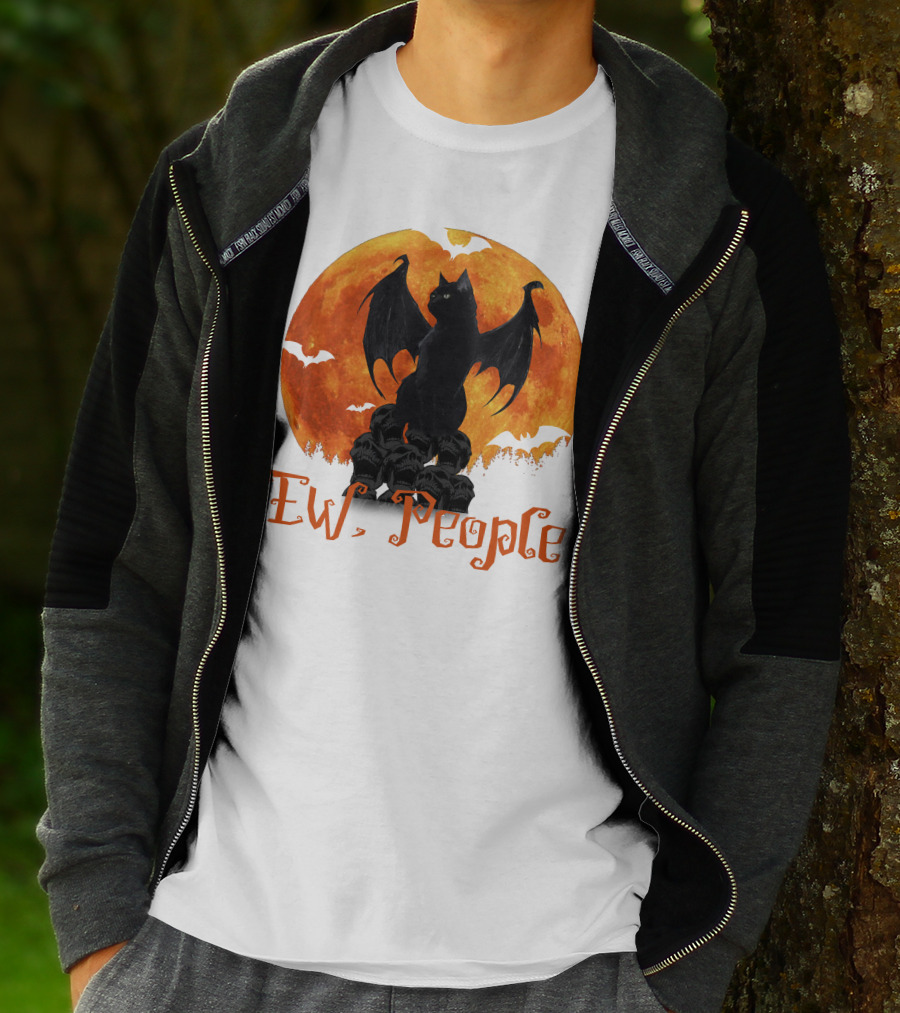Ew People Black Cat With Bat Wings Halloween Orange Moon T-Shirt