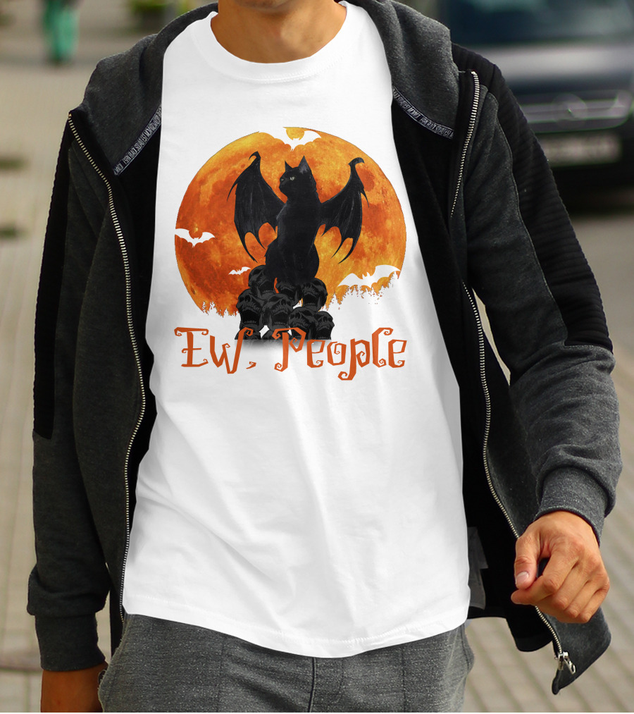 Ew People Black Cat With Bat Wings Halloween Orange Moon T-Shirt