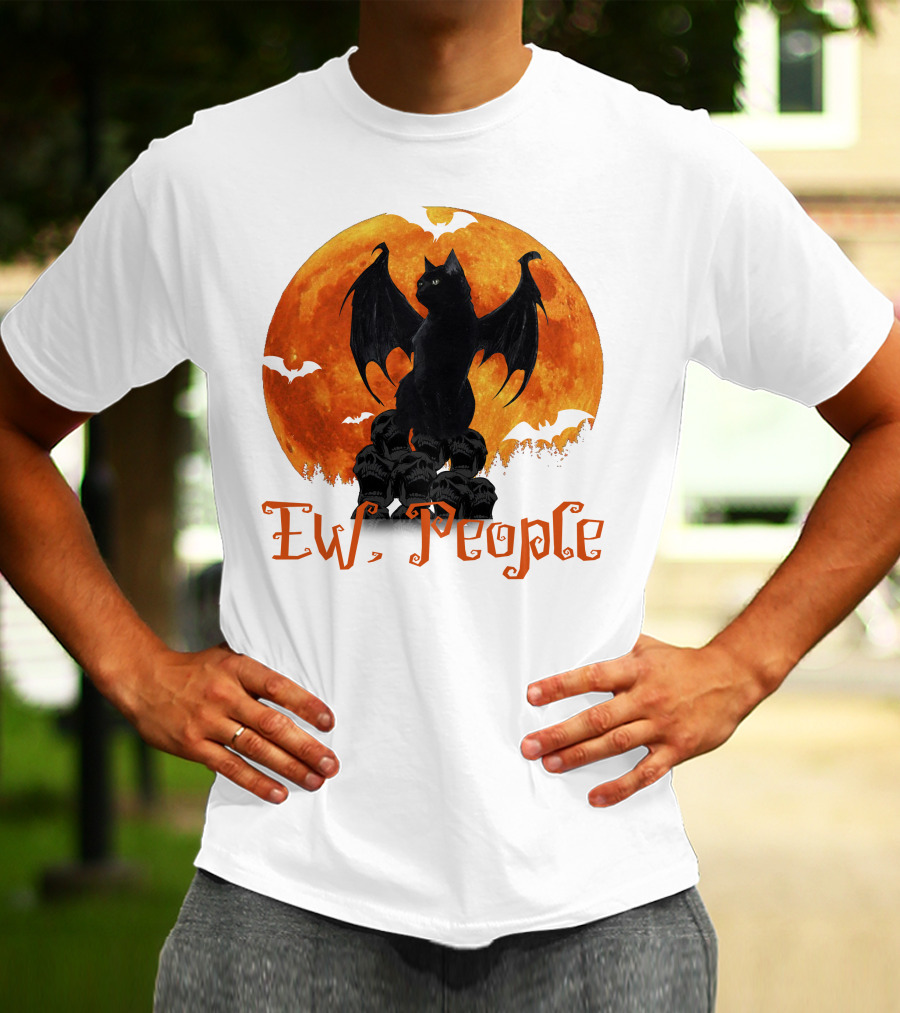 Ew People Black Cat With Bat Wings Halloween Orange Moon T-Shirt
