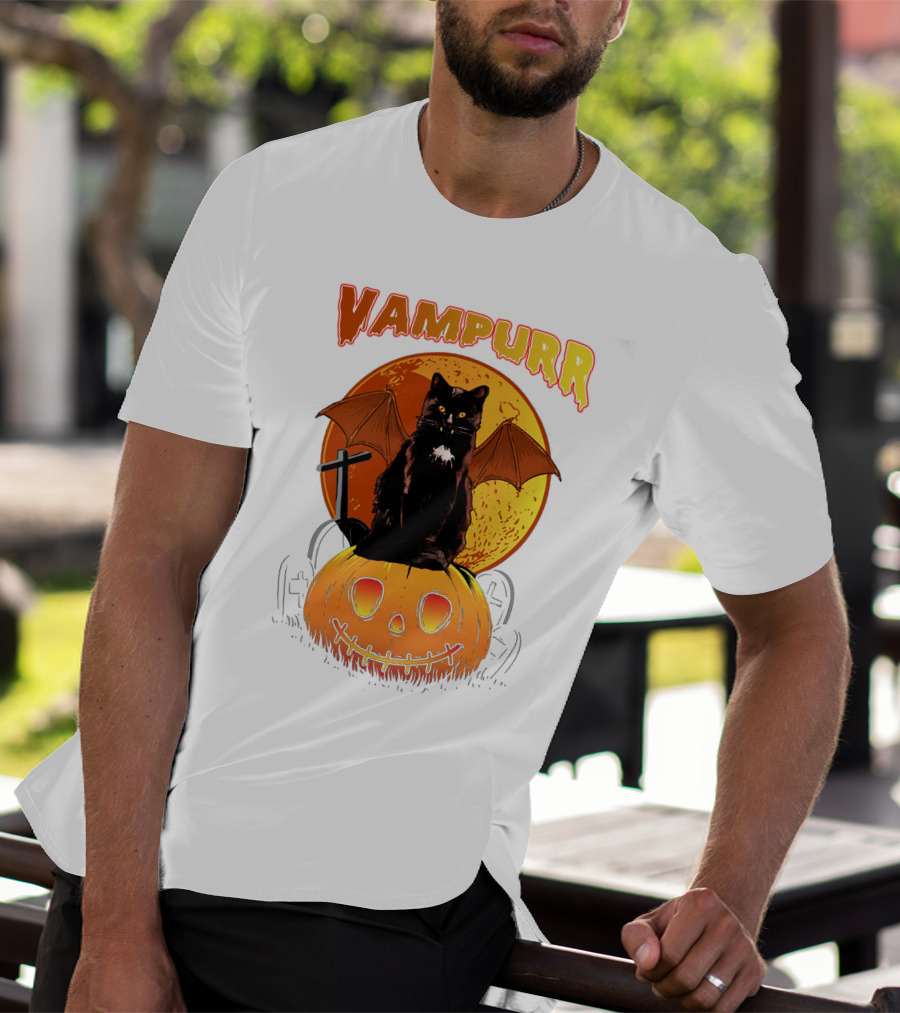 Vampurr Black Cat With Bat Wings And Pumpkin Halloween T-Shirt