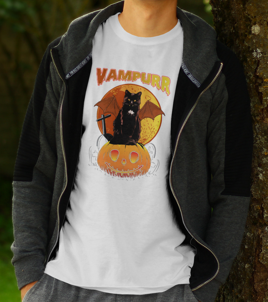 Vampurr Black Cat With Bat Wings And Pumpkin Halloween T-Shirt