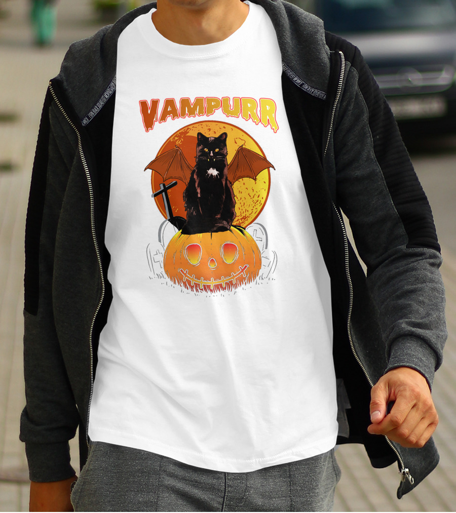 Vampurr Black Cat With Bat Wings And Pumpkin Halloween T-Shirt